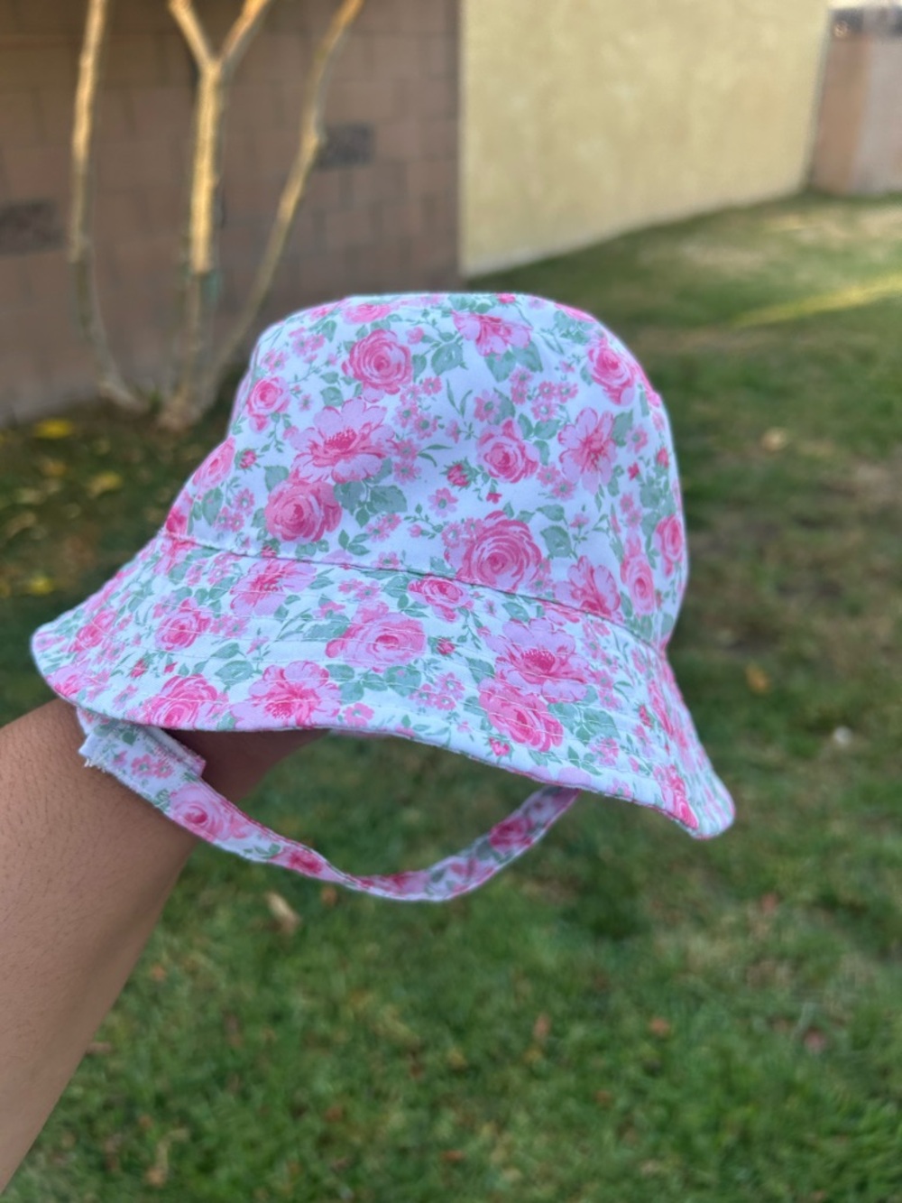 Floral Pink Bucket Sun Hat for Kids - Chin Strap